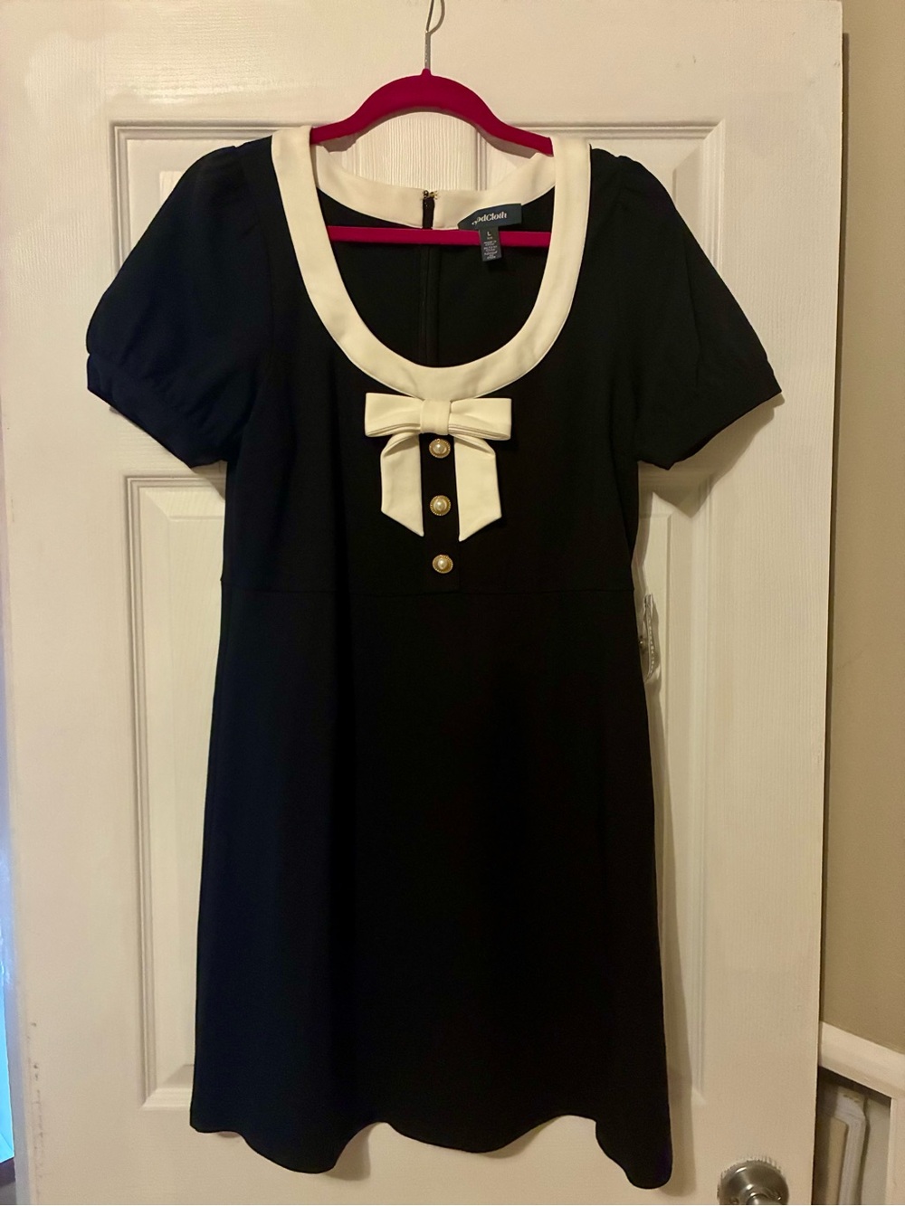 Modcloth Black Mini Dress with Cream Trim & Bow size L